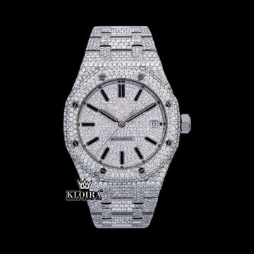 Black Stick Markers White Dial Fully Iced Out Moissanite Diamond Watch Front View