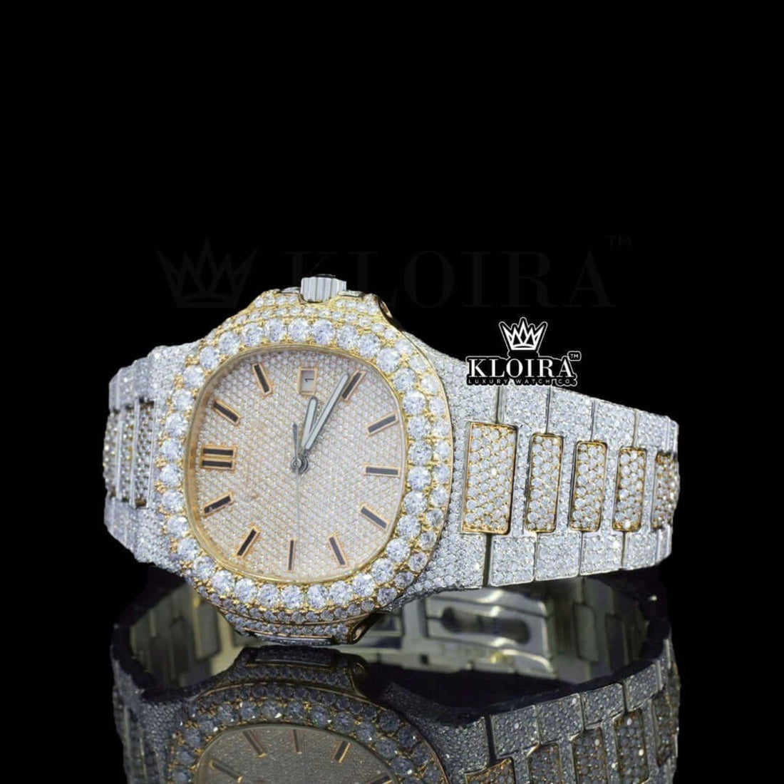 Black Stick Markers Yellow Dial Fully Iced Lab-Grown Diamond Watch Front View