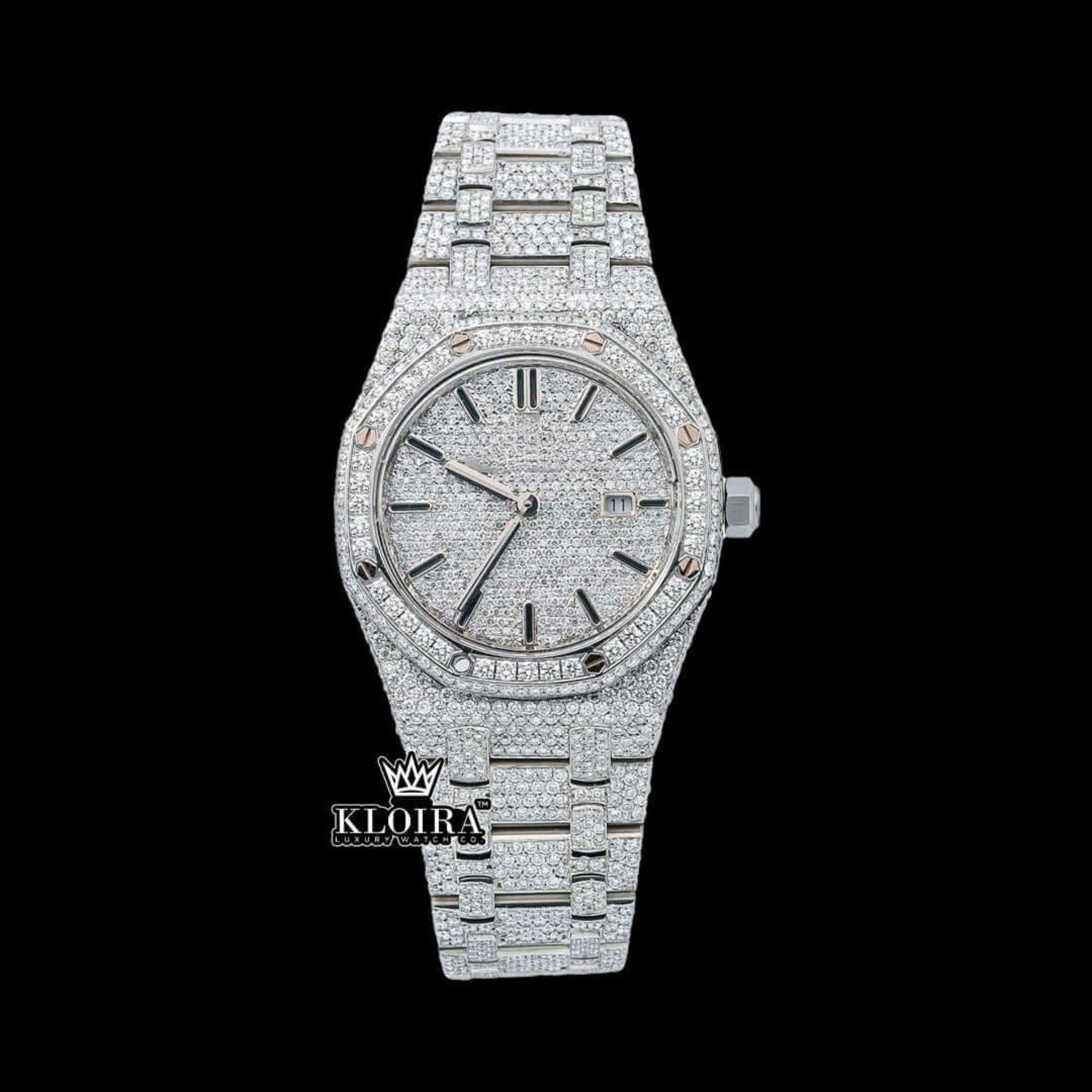 Black Stick White Dial Iced Out AP Moissanite Diamond Watch 14K Gold VVS 42mm Front View