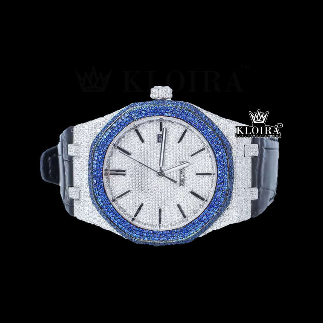 AP Royal Oak Blue Sapphire iced out watch with silver dial and black leather strap, embellished with moissanite diamonds.