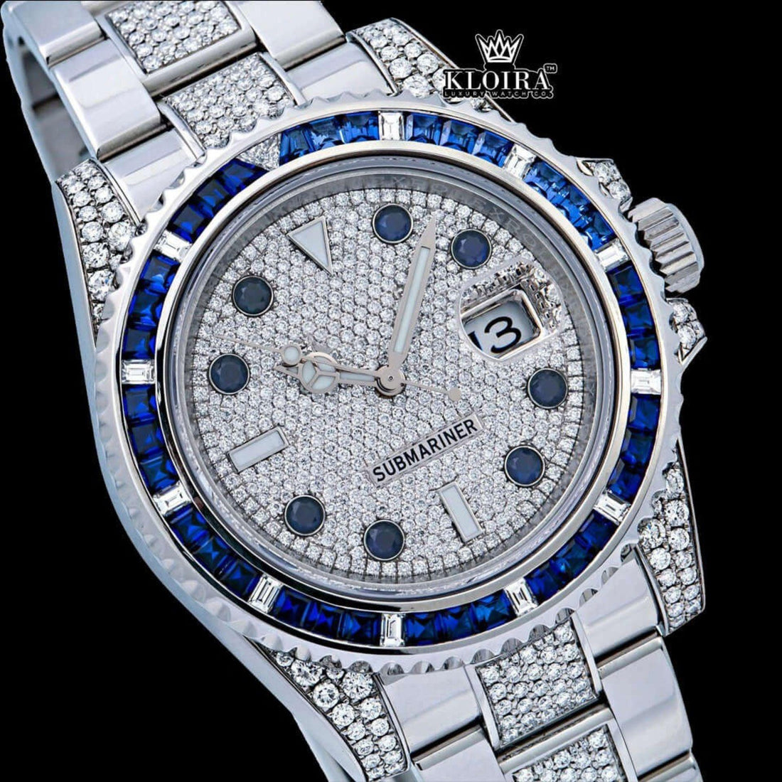 Blue Bezel Diamond Markers Dial Fully Iced Out Moissanite Watch Front View