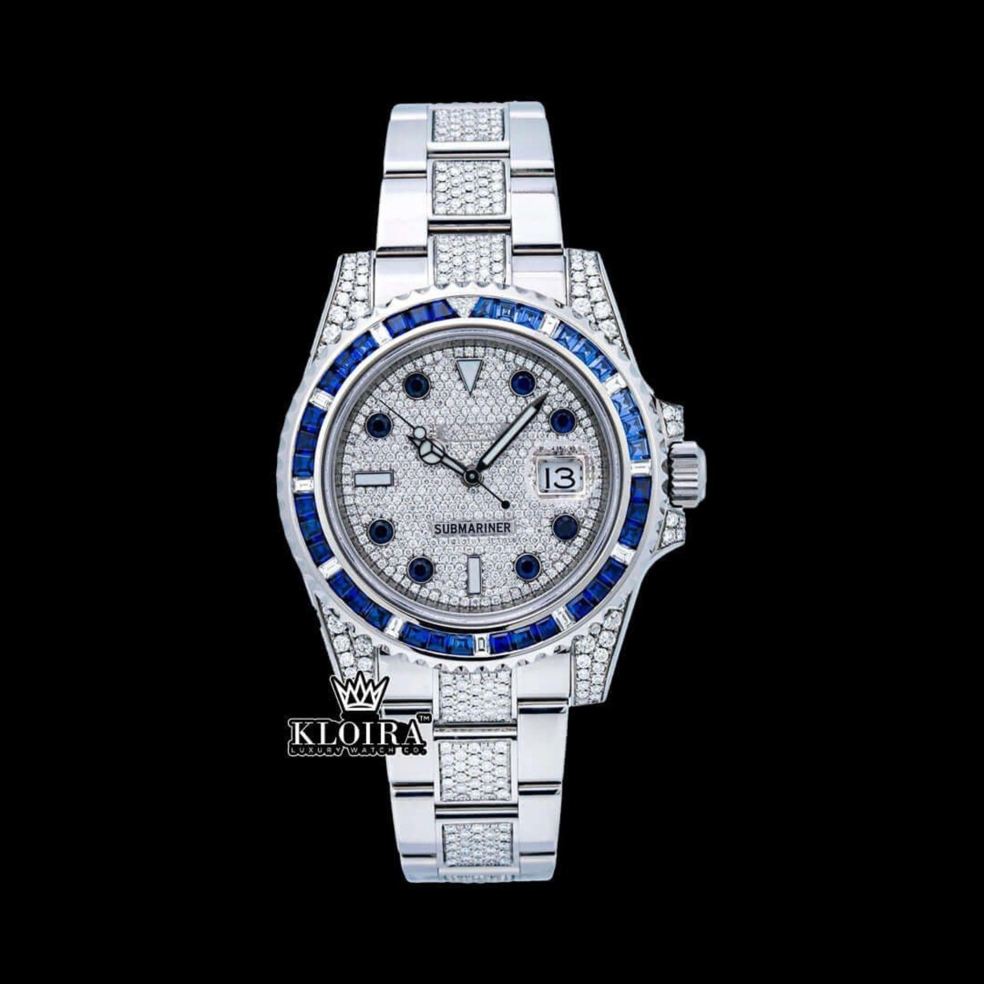 Blue Bezel Diamond Markers Dial Fully Iced Out Moissanite Watch Front View