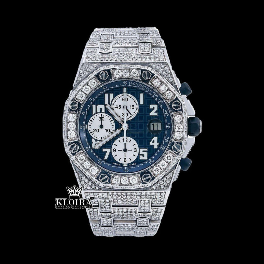 Blue Chronograph Dial Standard Numerals Fully Iced Out Moissanite Watch Front View