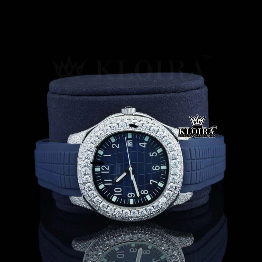 Blue Dial Blue Rubber Strap Semi Iced Out Moissanite Watch Front View