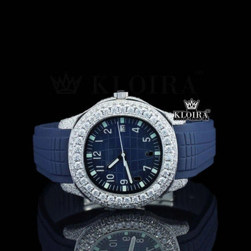 Blue Dial Blue Rubber Strap Semi Iced Out Moissanite Watch Front View