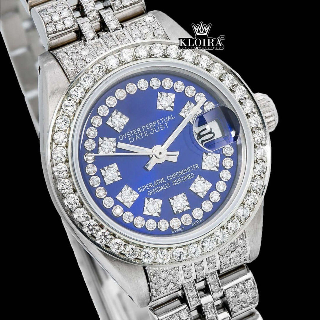 Blue Dial Diamond Markers Fully Iced Out Moissanite Diamond Watch Front View