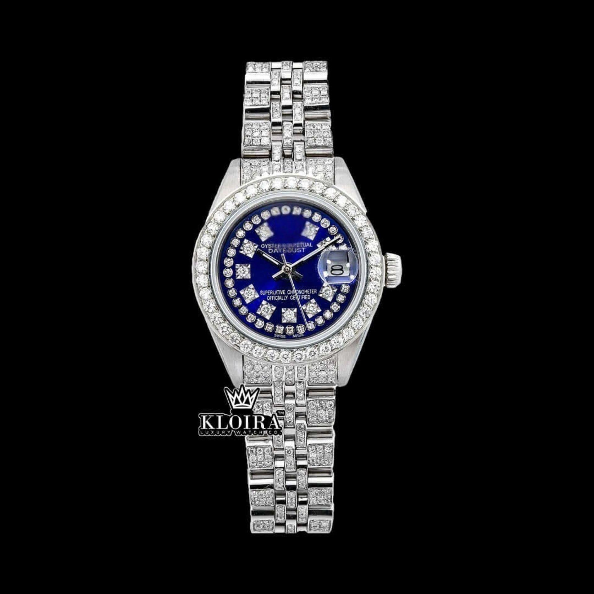 Blue Dial Diamond Markers Fully Iced Out Moissanite Diamond Watch Front View