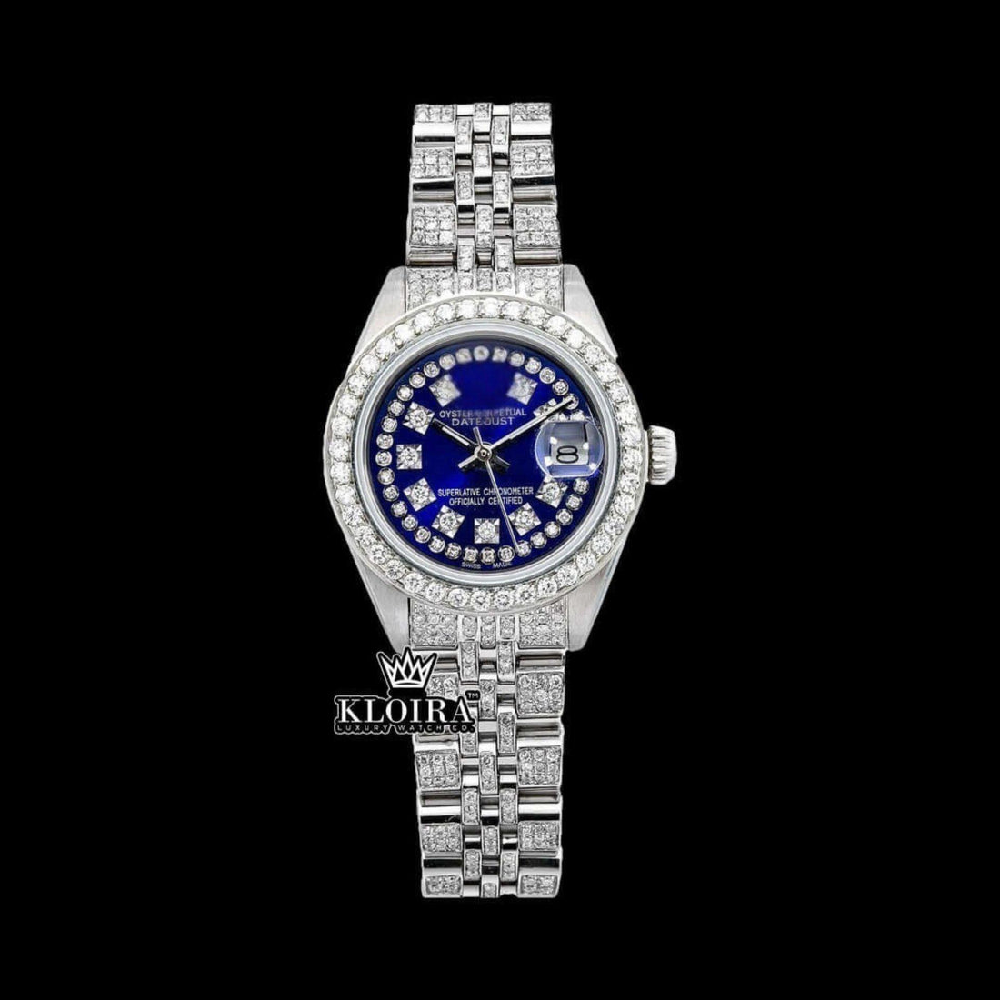 Blue Dial Diamond Markers Fully Iced Out Moissanite Diamond Watch Front View