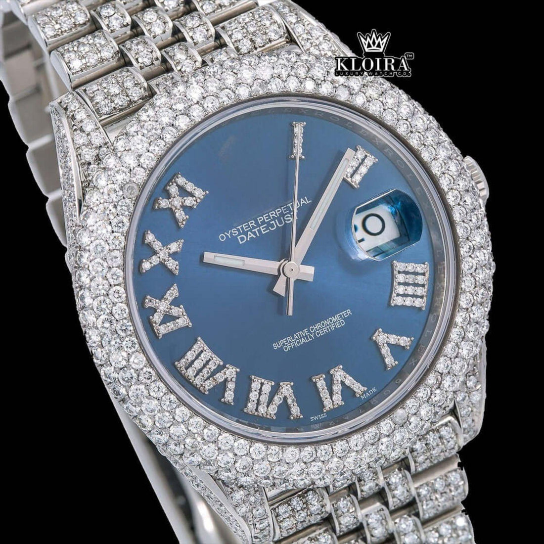Blue Dial Full Iced Out Roman Numerals Date Window Moissanite Watch 42mm Front View