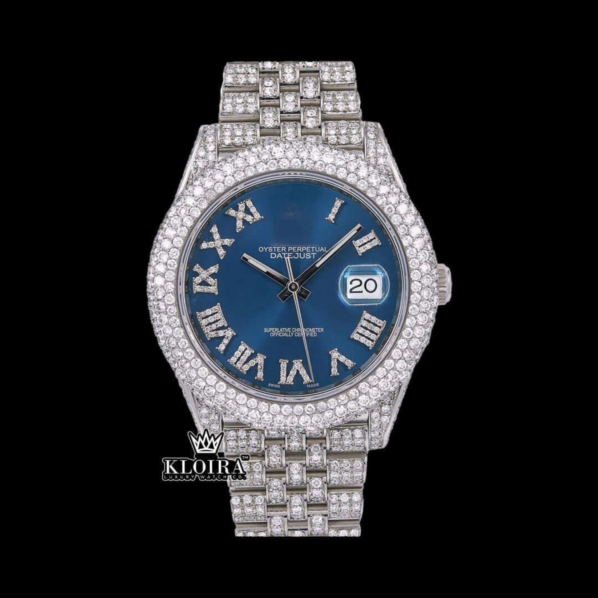Blue Dial Full Iced Out Roman Numerals Date Window Moissanite Watch 42mm Front View