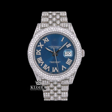 Blue Dial Full Iced Out Roman Numerals Date Window Moissanite Watch 42mm Front View
