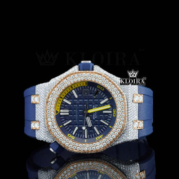 Blue Dial Iced Out Moissanite Diamond Watch Blue Rubber Strap Front View