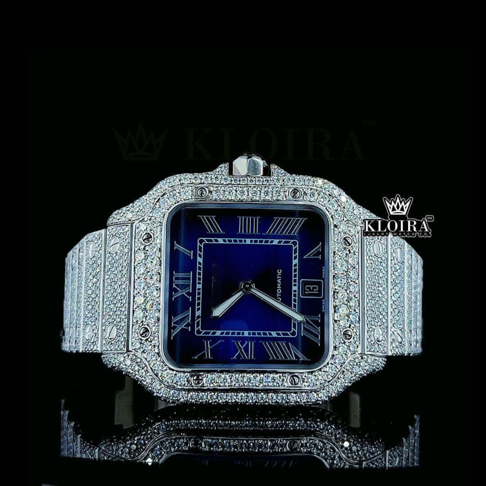 Blue Dial Roman Numerals Fully Iced Out Moissanite Diamond Watch Front View