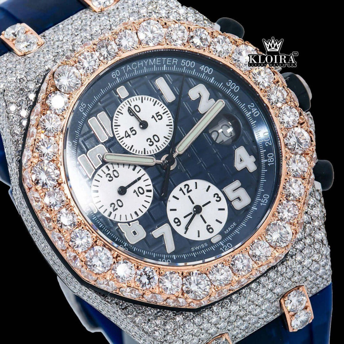 Blue Dial Rose Gold Rubber Strap Moissanite Diamond Watch Front View