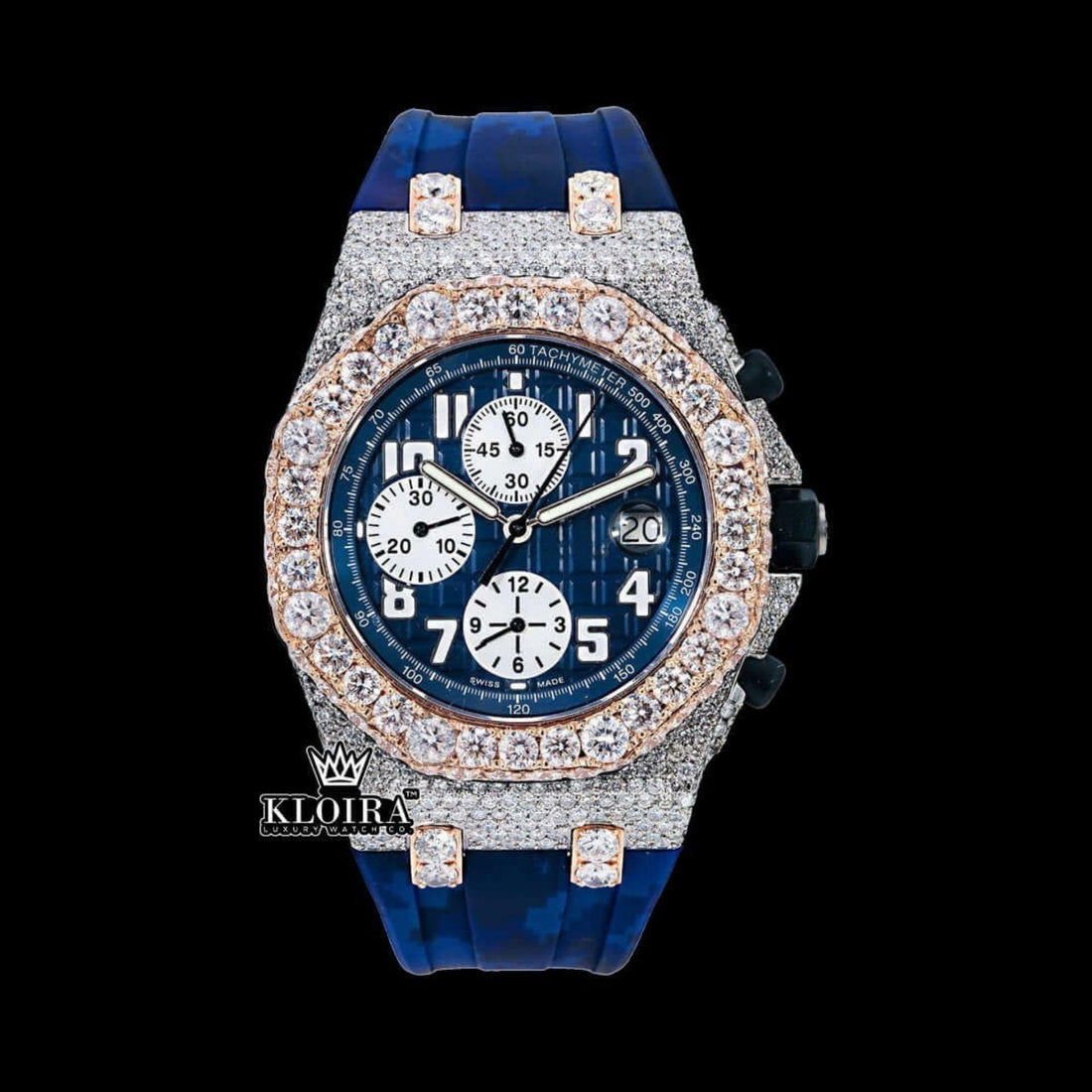 Blue Dial Rose Gold Rubber Strap Moissanite Diamond Watch Front View