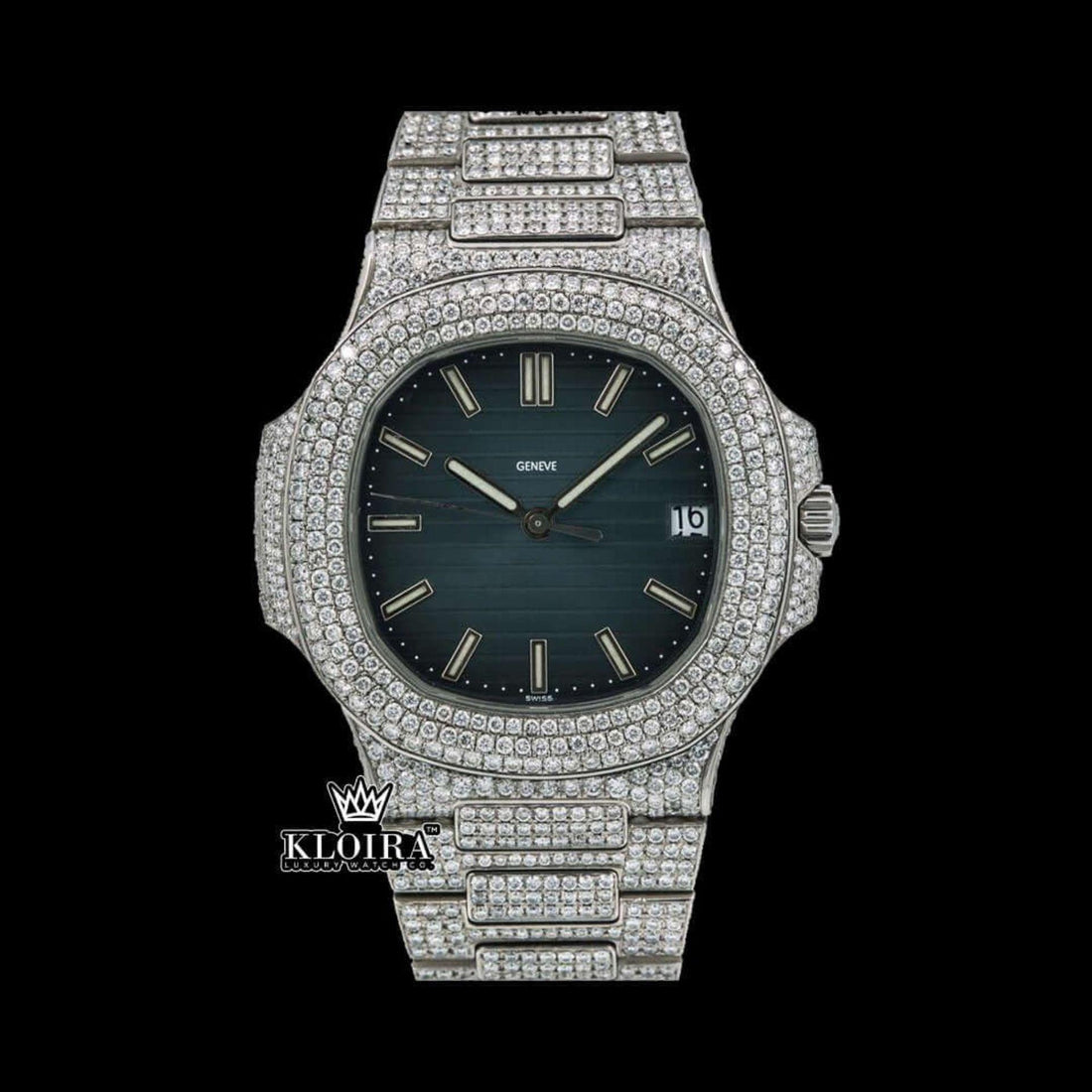 Blue Dial Stick Markers Bust Down Moissanite Diamond Watch Front View