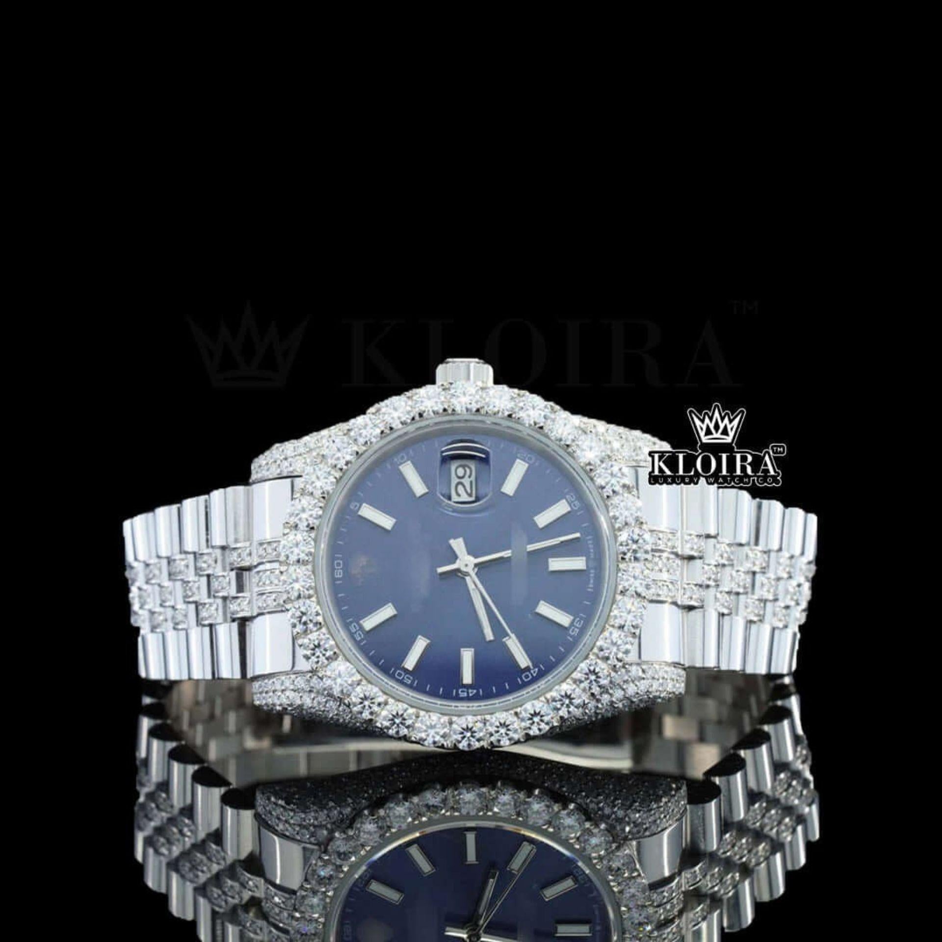 Blue Dial Stick Markers Fully Iced Out White Gold Natural Diamond Watch Front View