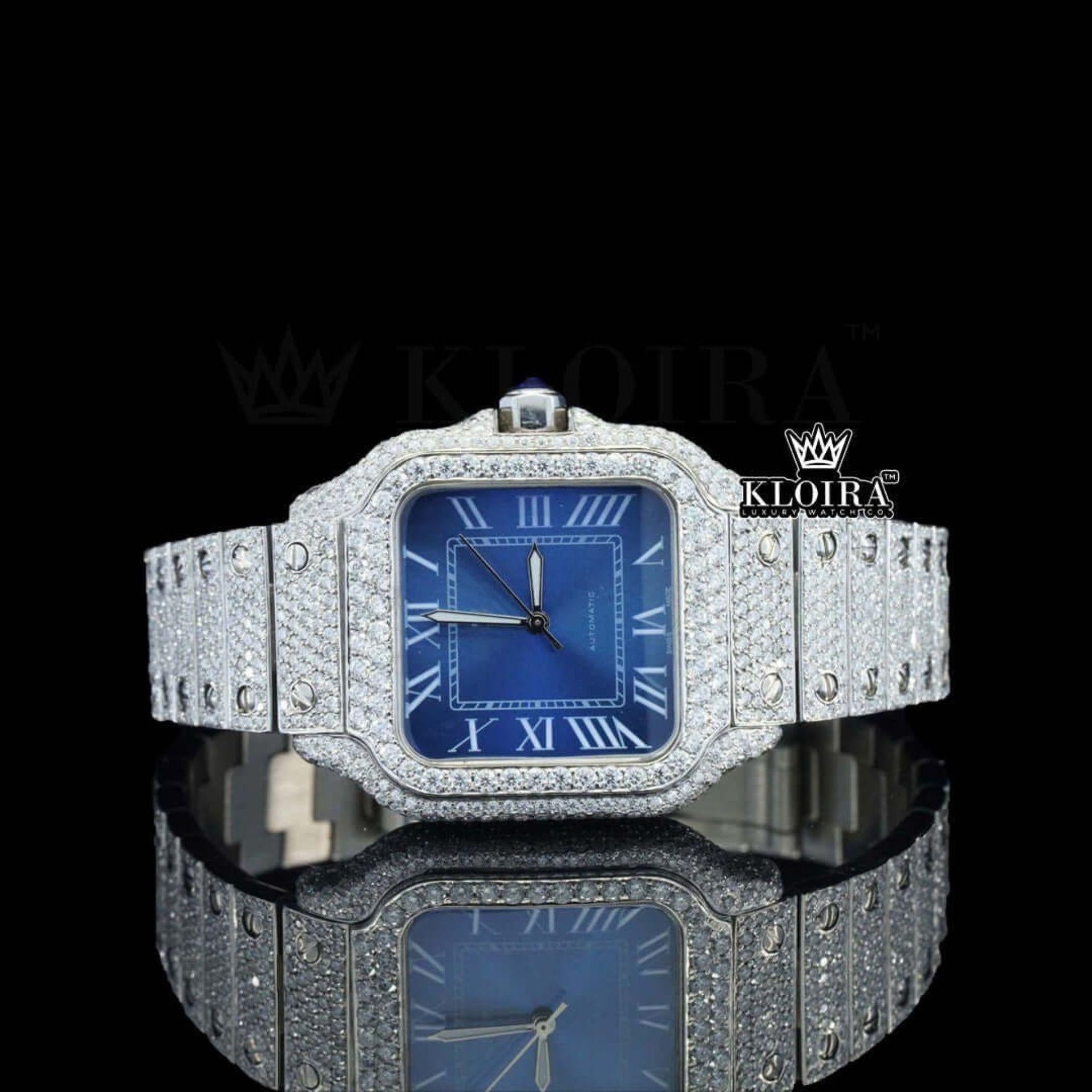 Blue Dial White Roman Numerals Full Iced Out Moissanite Watch Front View