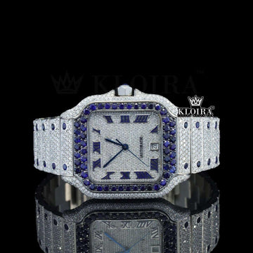 Blue Diamond Bezel Roman Dial Two Tone Moissanite Watch Front View