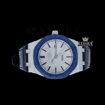 Blue Diamond Bezel Stick Markers Dial Leather Strap Moissanite Watch Front View