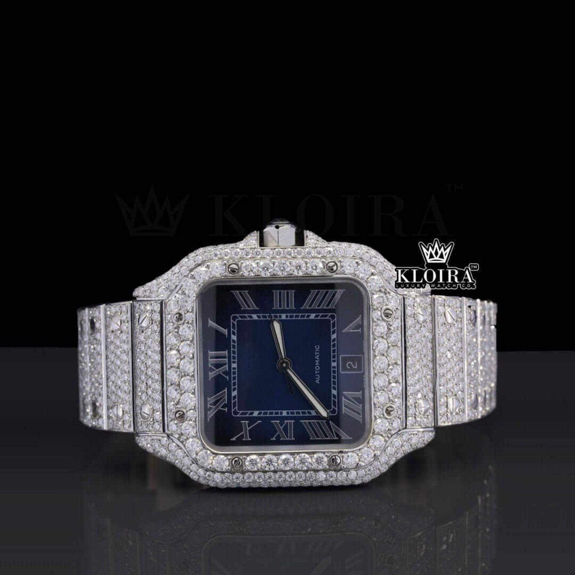 Blue Face Roman Numerals iced Moissanite Diamond Watch Front View