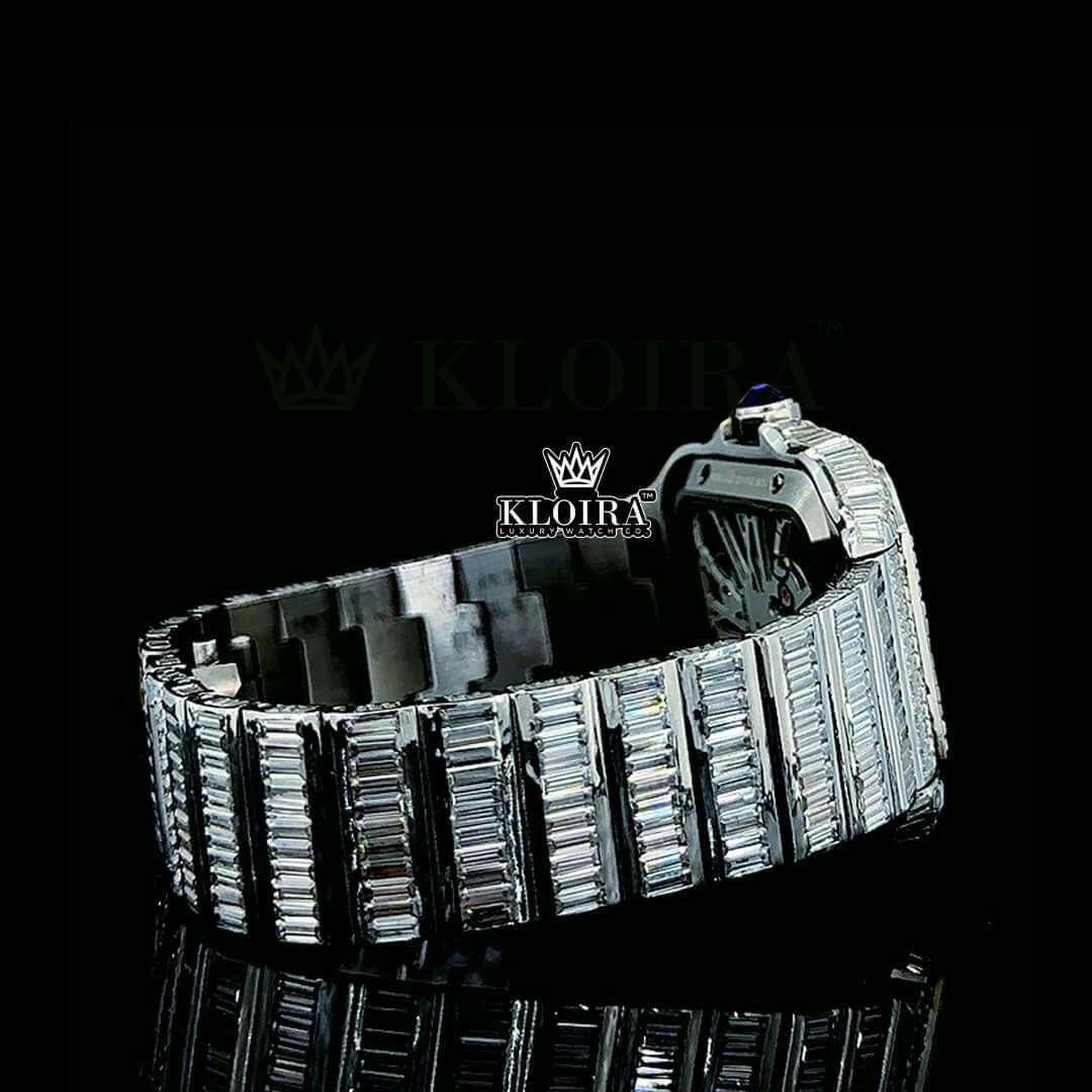 Blue Hands Skeleton Dial Fully Iced Out Baguette Moissanite Watch
