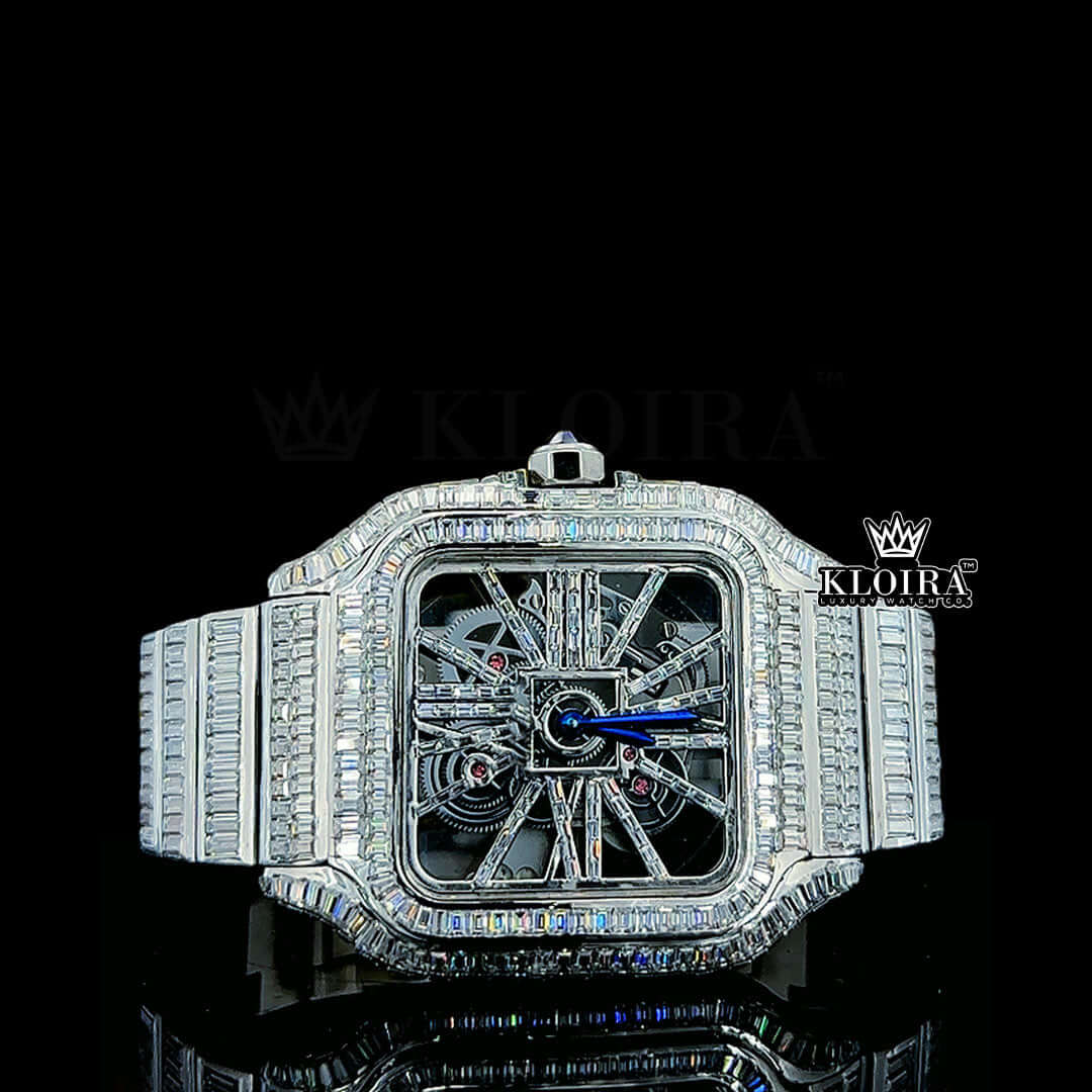 Blue Hands Skeleton Dial Fully Iced Out Baguette Moissanite Watch Front View