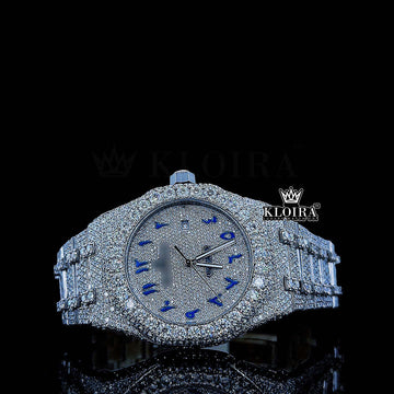 AP Iced Out Arabic Dial natural diamond watch with 14K gold plating and blue Arabic numerals, fully diamond-studded design.