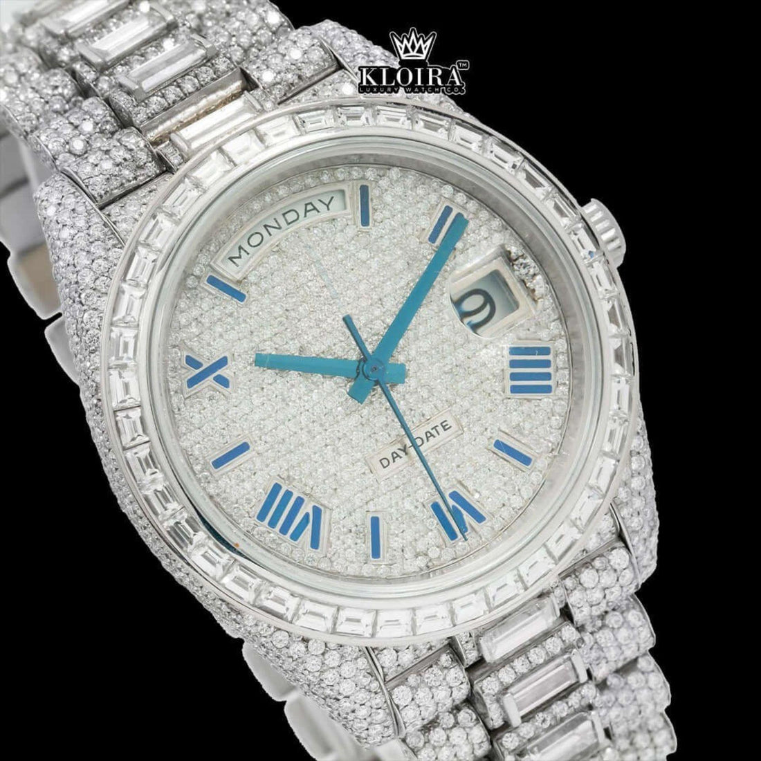Blue Roman Numerals Dial Baguette Strap Iced Out Moissanite Watch Front View