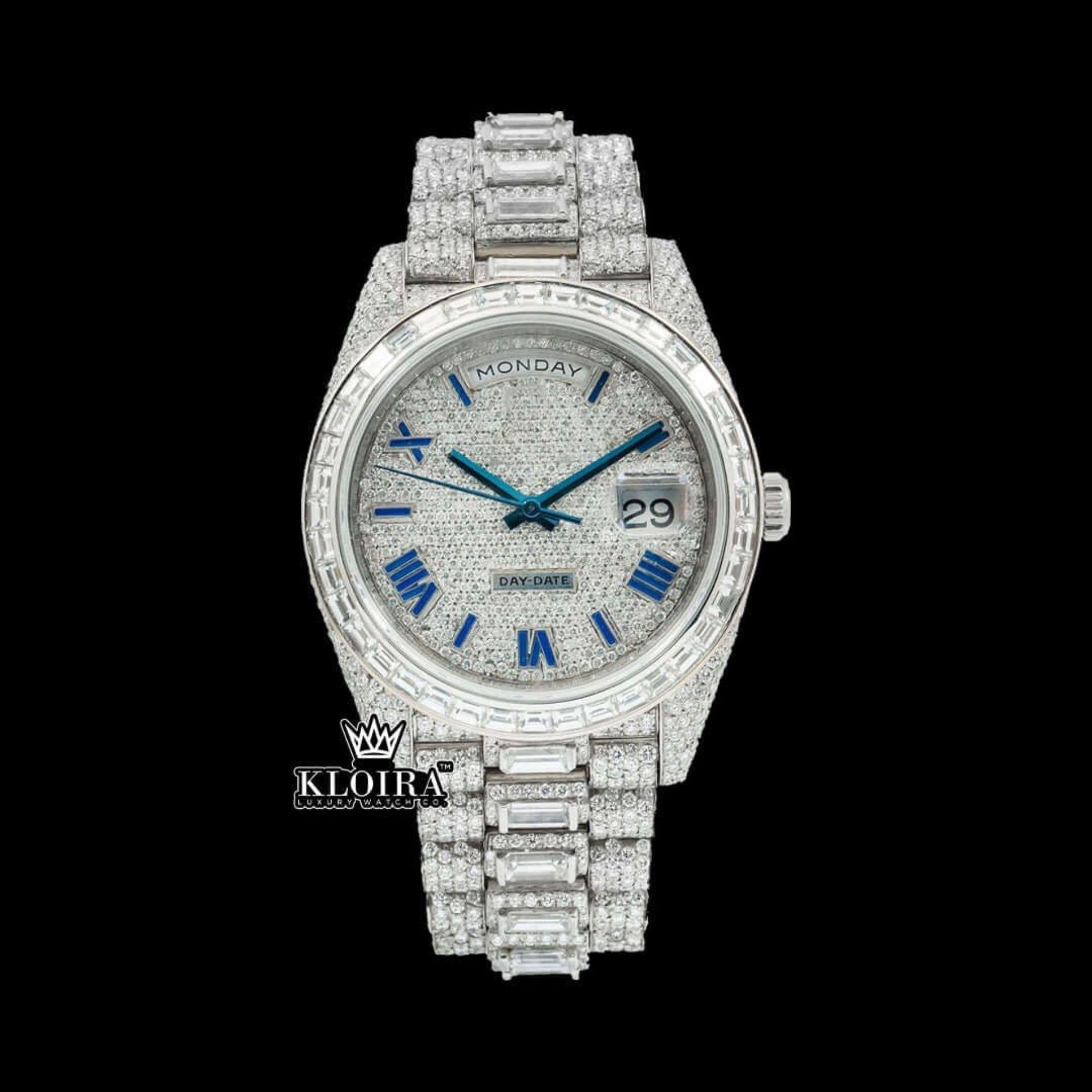 Blue Roman Numerals Dial Baguette Strap Iced Out Moissanite Watch Front View