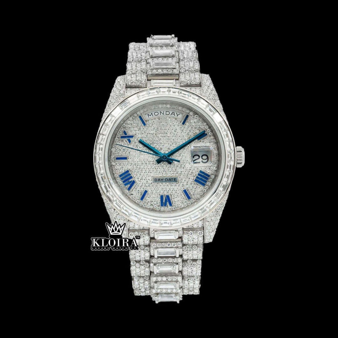 Blue Roman Numerals Dial Baguette Strap Iced Out Moissanite Watch Front View