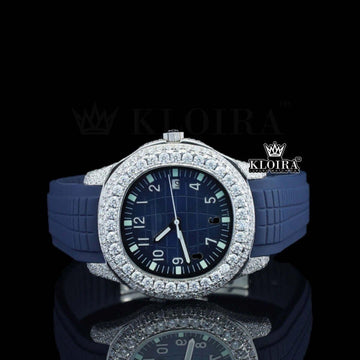 Blue Rubber Strap Blue Dial Semi Iced Moissanite Diamond Watch Front View