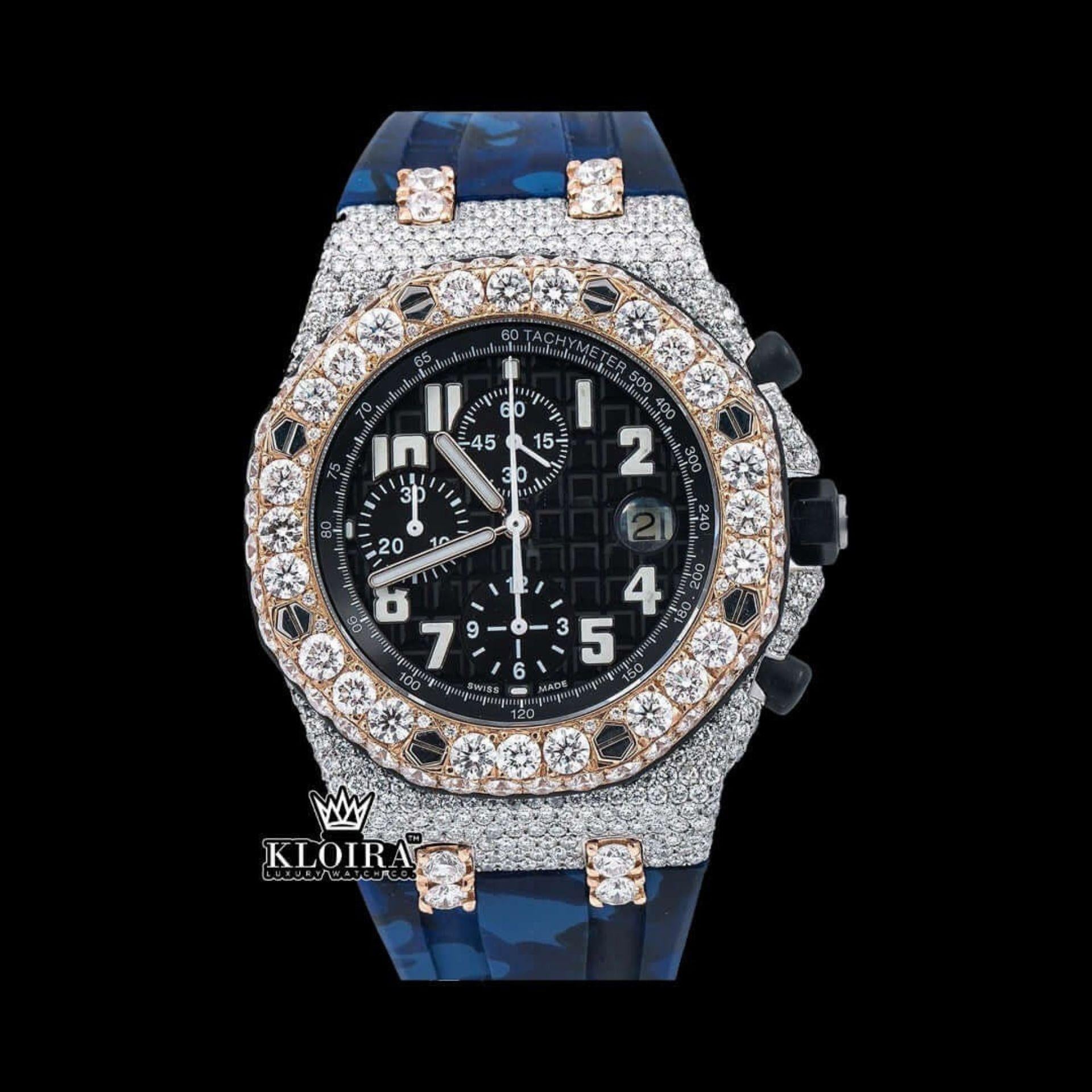 Blue Rubber Strap Two Tone Chronograph Moissanite Watch Front View