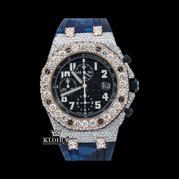 Blue Rubber Strap Two Tone Chronograph Moissanite Watch Front View