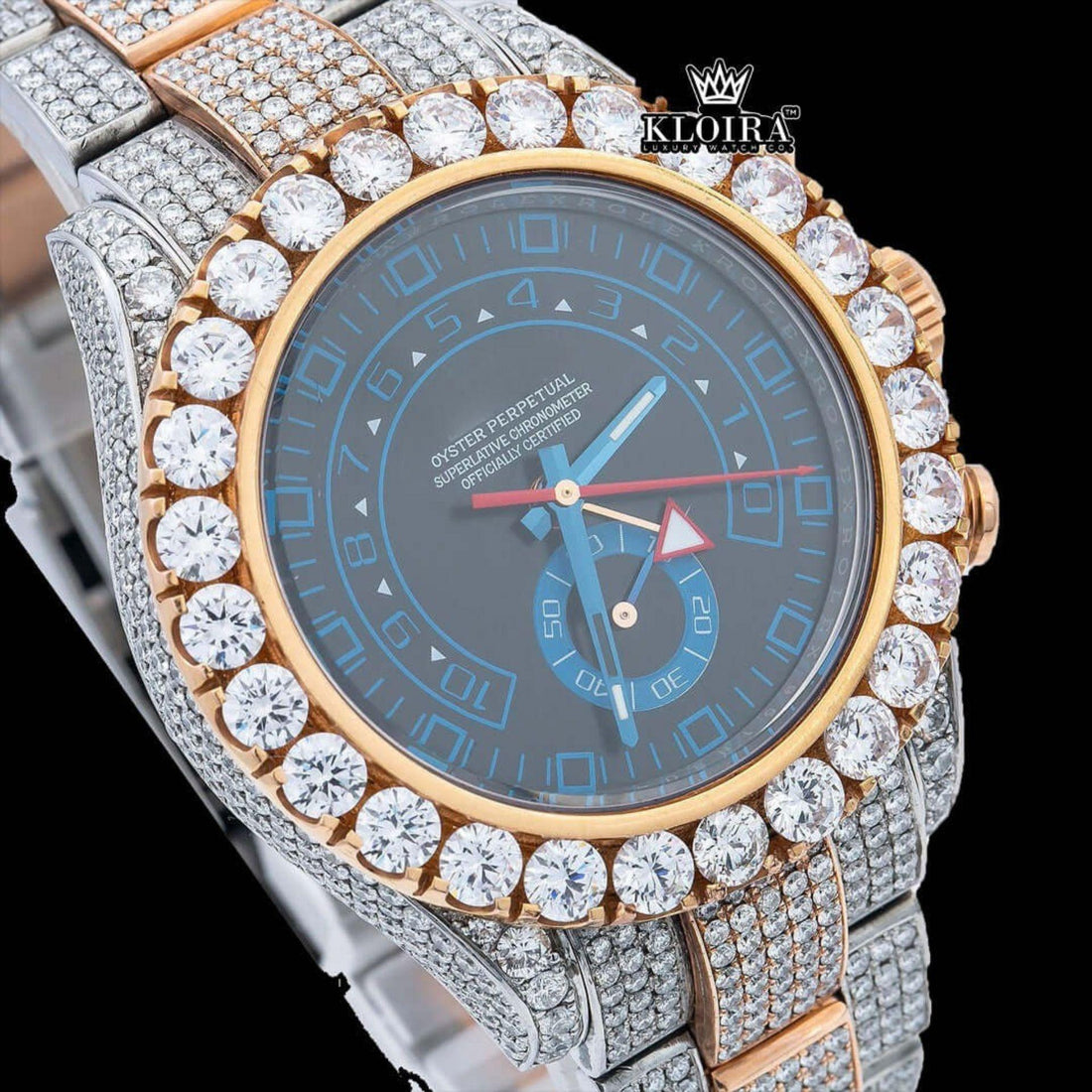 Blue Standard Numerals Sub Dial Two Tone Iced Out Moissanite Watch Front View