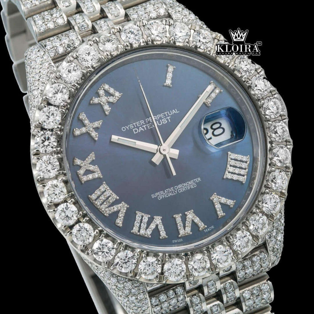 Blue Sunburst Dial Roman Numerals Fully Iced Moissanite Diamond Watch Front View