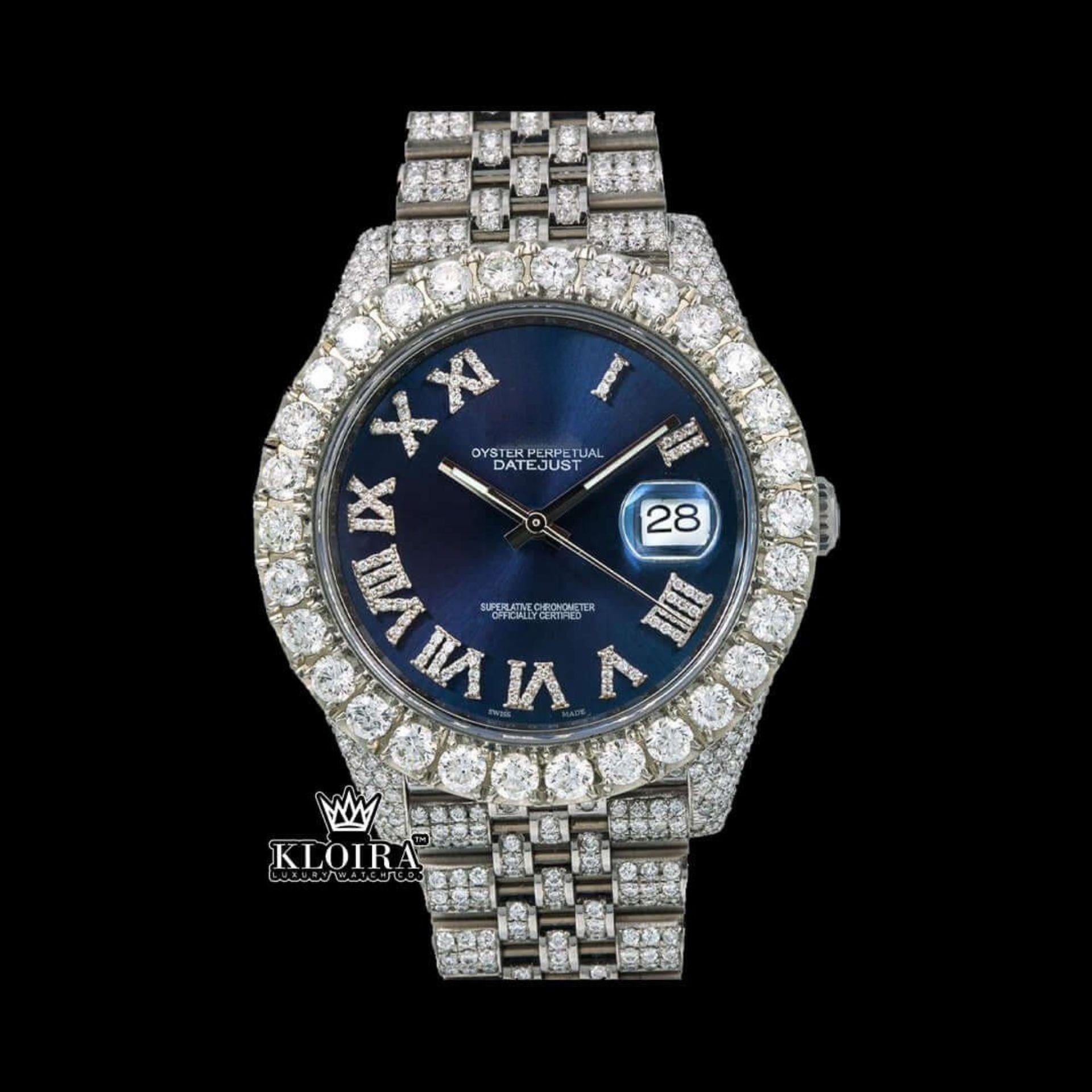 Blue Sunburst Dial Roman Numerals Fully Iced Moissanite Diamond Watch Front View