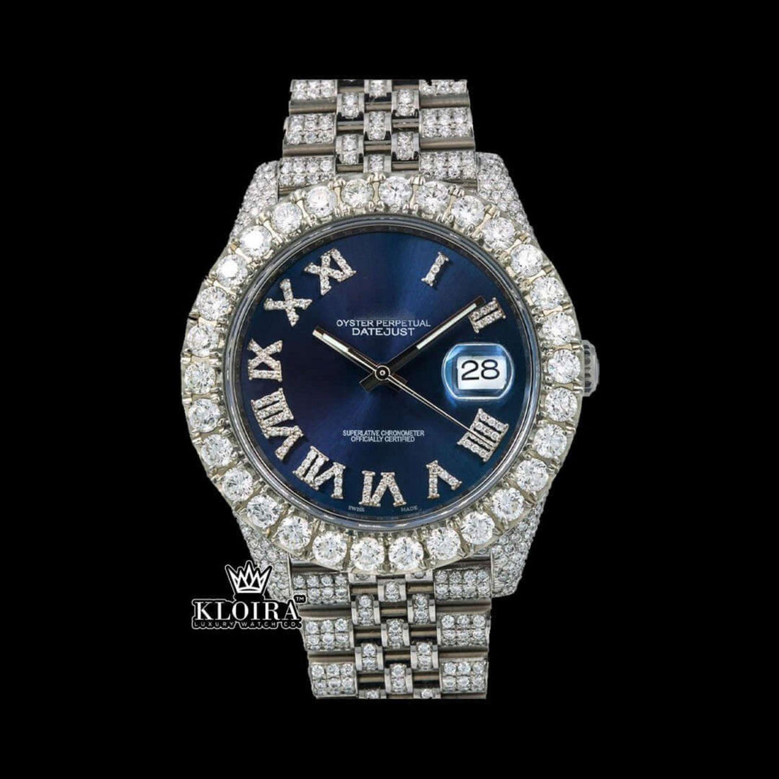 Blue Sunburst Dial Roman Numerals Fully Iced Moissanite Diamond Watch Front View