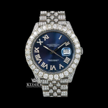 Blue Sunburst Dial Roman Numerals Fully Iced Moissanite Diamond Watch Front View