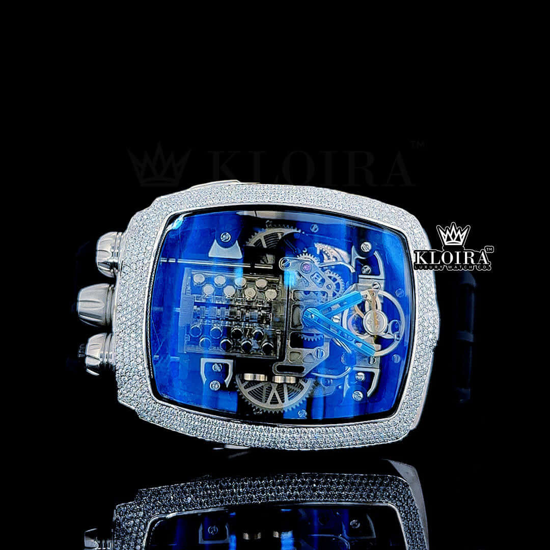 Blue Transparent Skeleton Dial Rubber Strap Semi Iced Out Moissanite Watch Front View
