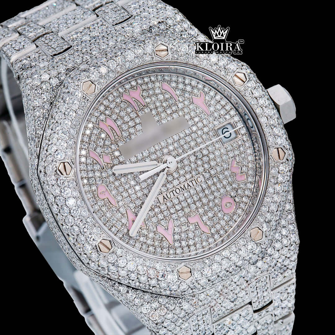 Bust Down AP Arabic Dial Moissanite Diamond Watch with pink accents and 14K gold plating, 42mm, luxurious design.
