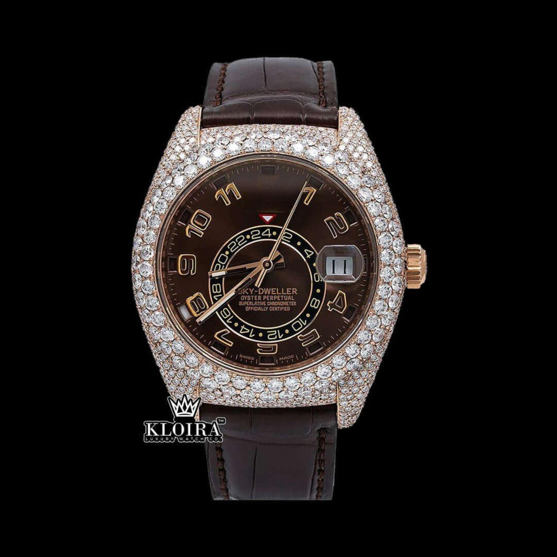 Brown Dial Standard Numerals Leather Strap Semi Iced Out Moissanite Watch Front View