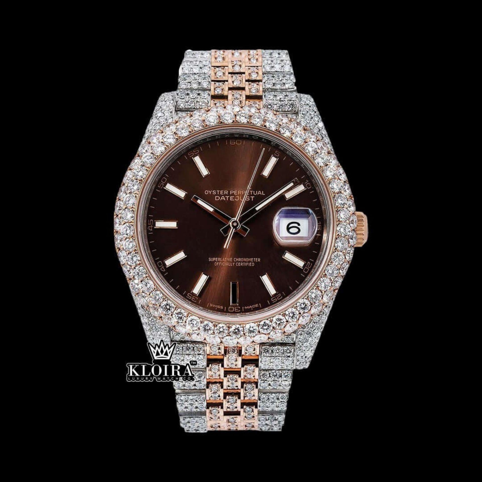 Brown Dial Stick Markers Two Tone Diamond Link Strap Moissanite Watch Front View