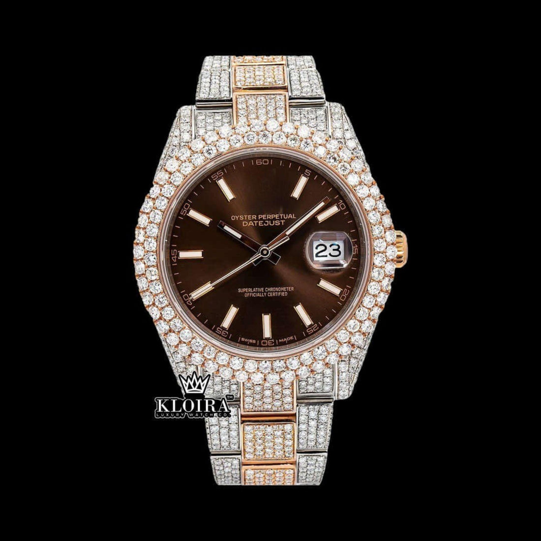 Brown Dial White Stick Markers Bust Down Moissanite Diamond Watch Front View