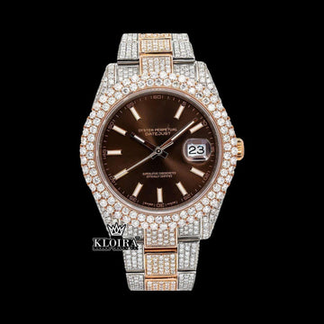 Brown Dial White Stick Markers Bust Down Moissanite Diamond Watch Front View