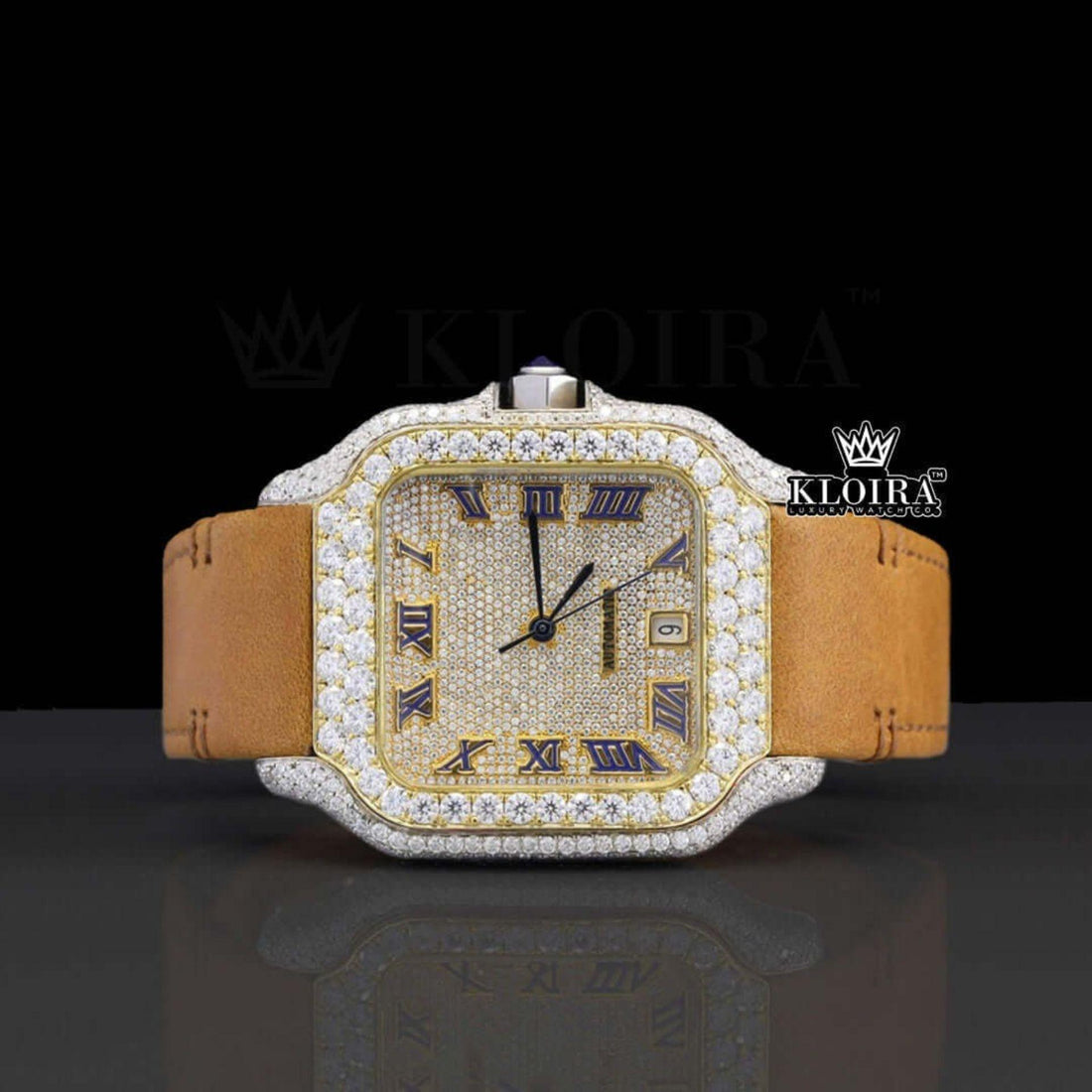 Brown Leather Strap Cartier Inspired Moissanite Watch Roman Numerals Front View