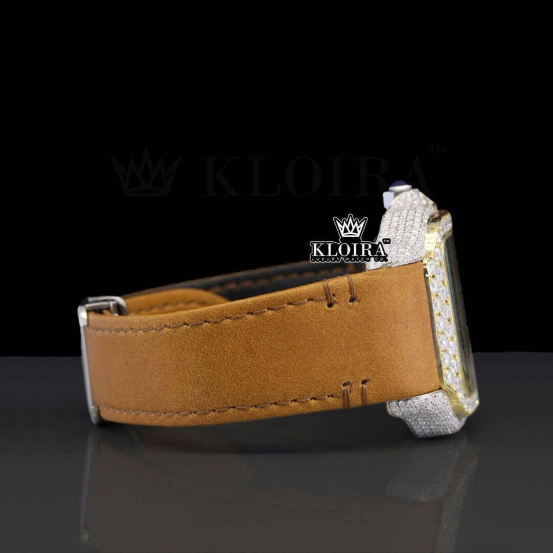 Brown Leather Strap Cartier Inspired Moissanite Watch Roman Numerals Front View