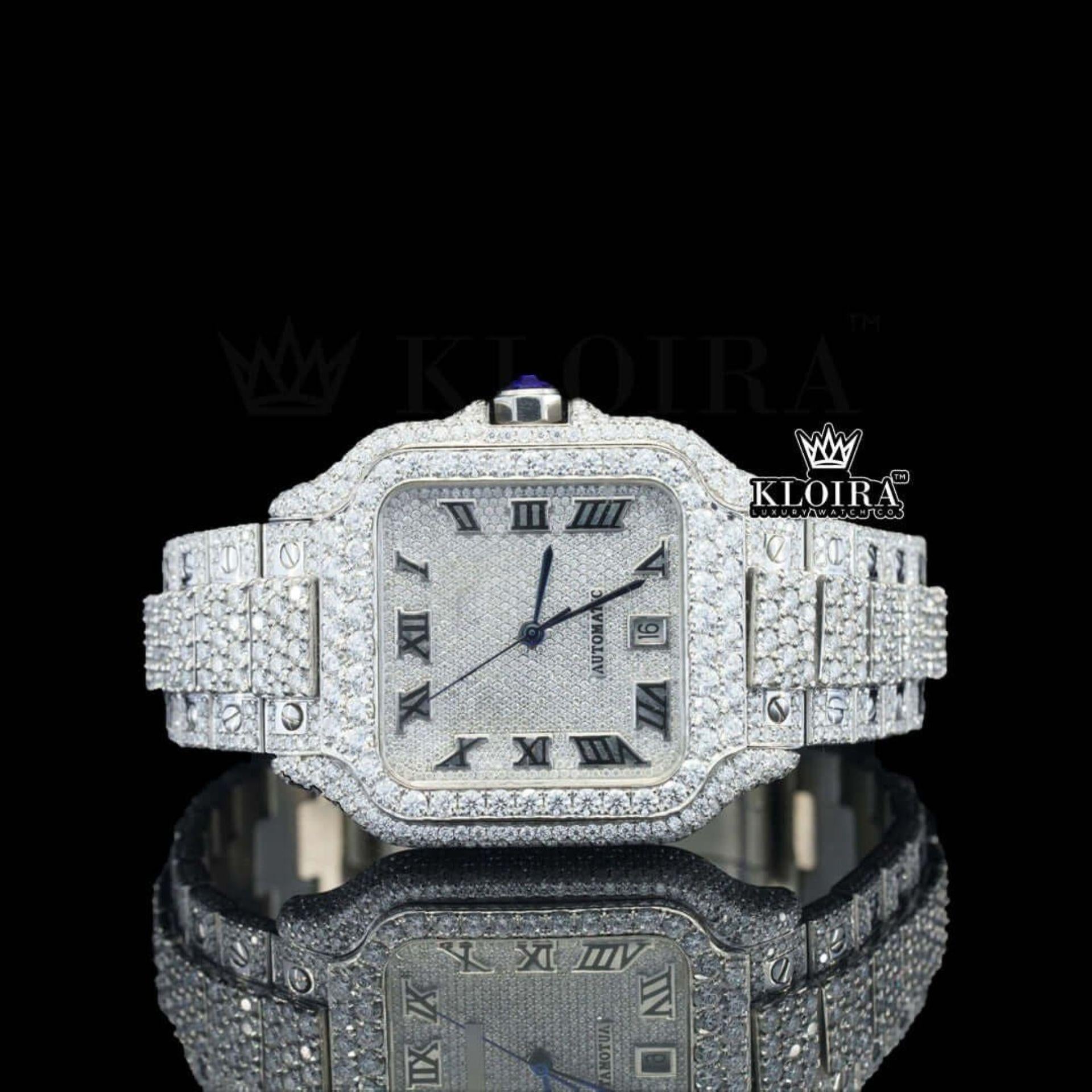 Bust Down Black Roman Numerals White Dial Moissanite Diamond Watch Front Viewz