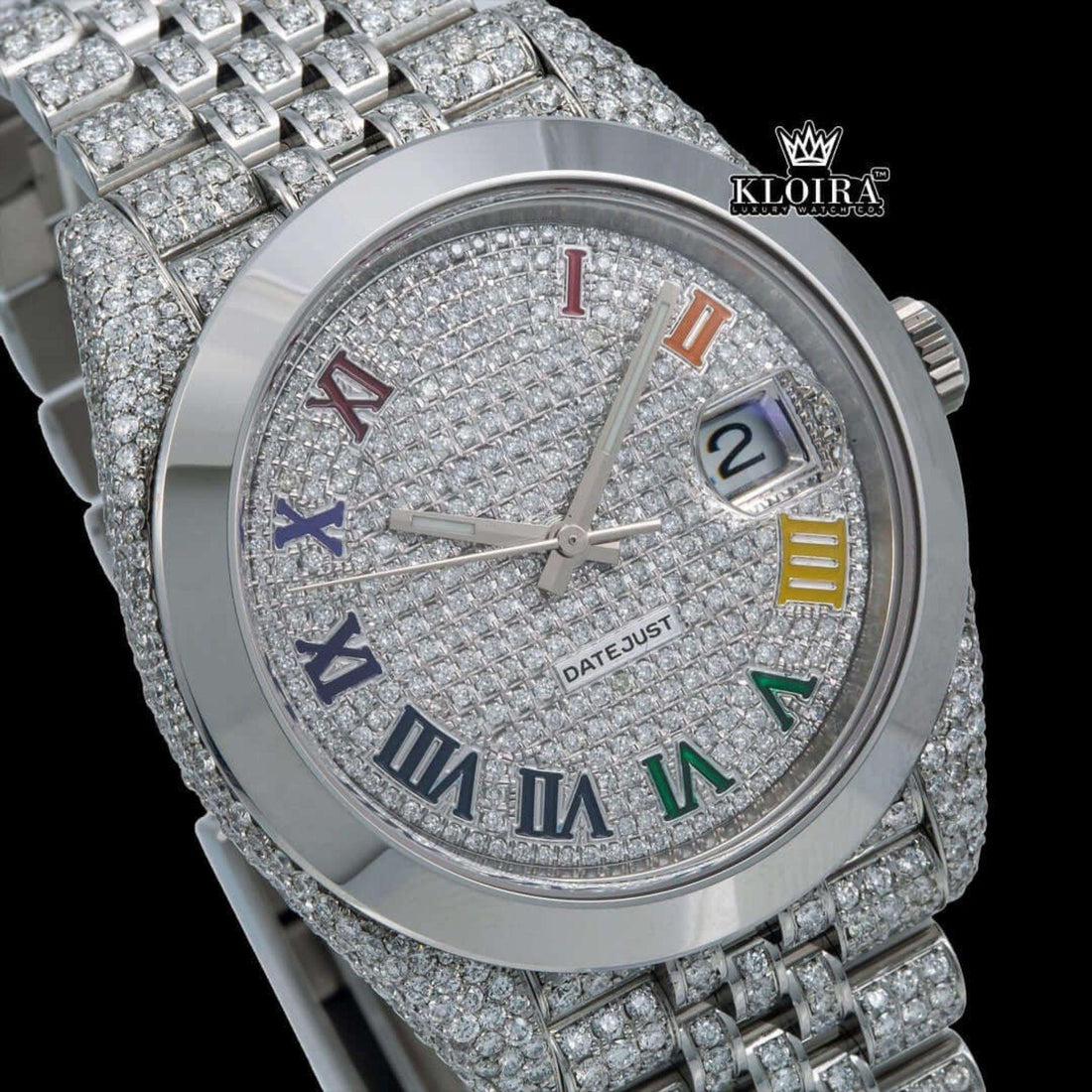 Bust Down Rainbow Roman Numerals Silver Moissanite Diamond Watch Front View
