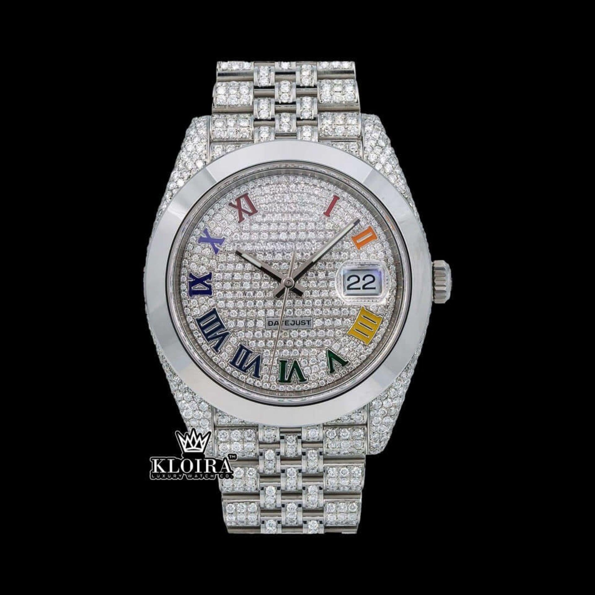 Bust Down Rainbow Roman Numerals Silver Moissanite Diamond Watch Front View